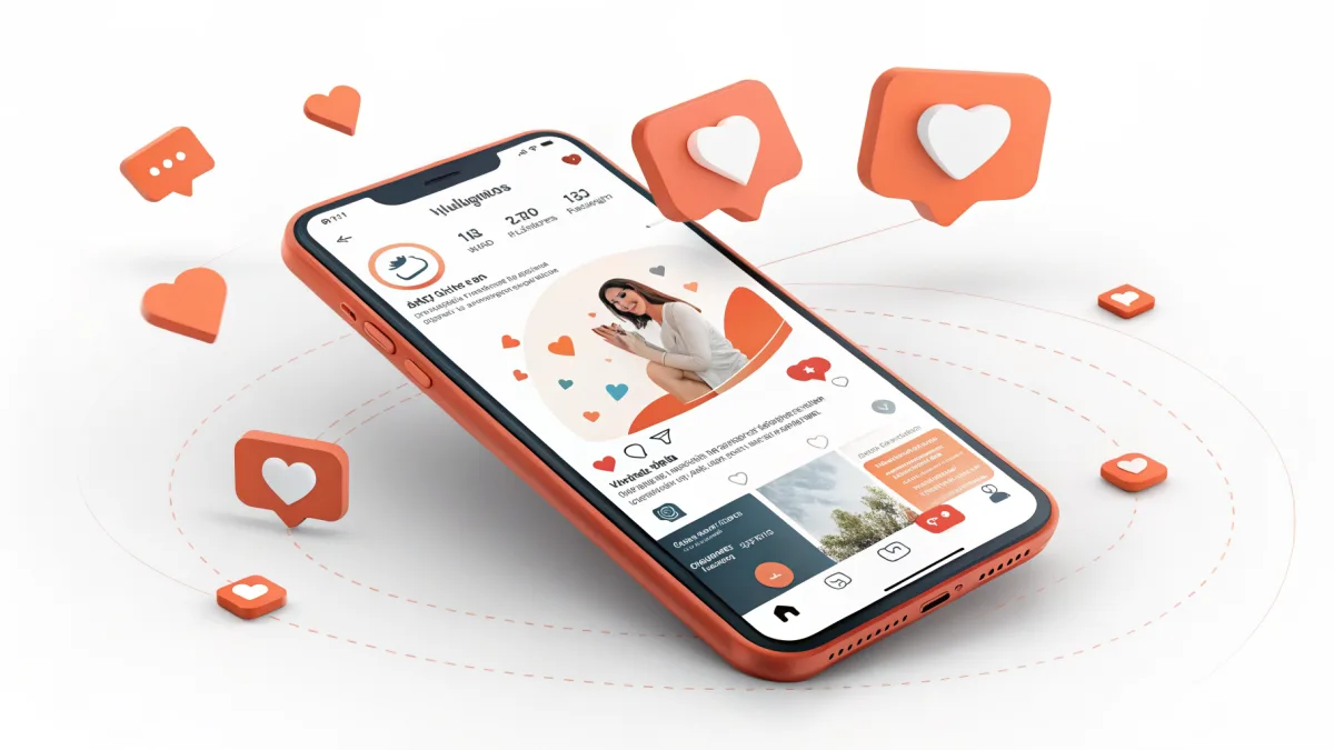 Smartphone affichant un feed Instagram avec des likes qui s'animent automatiquement, courbe de croissance en arrière-plan