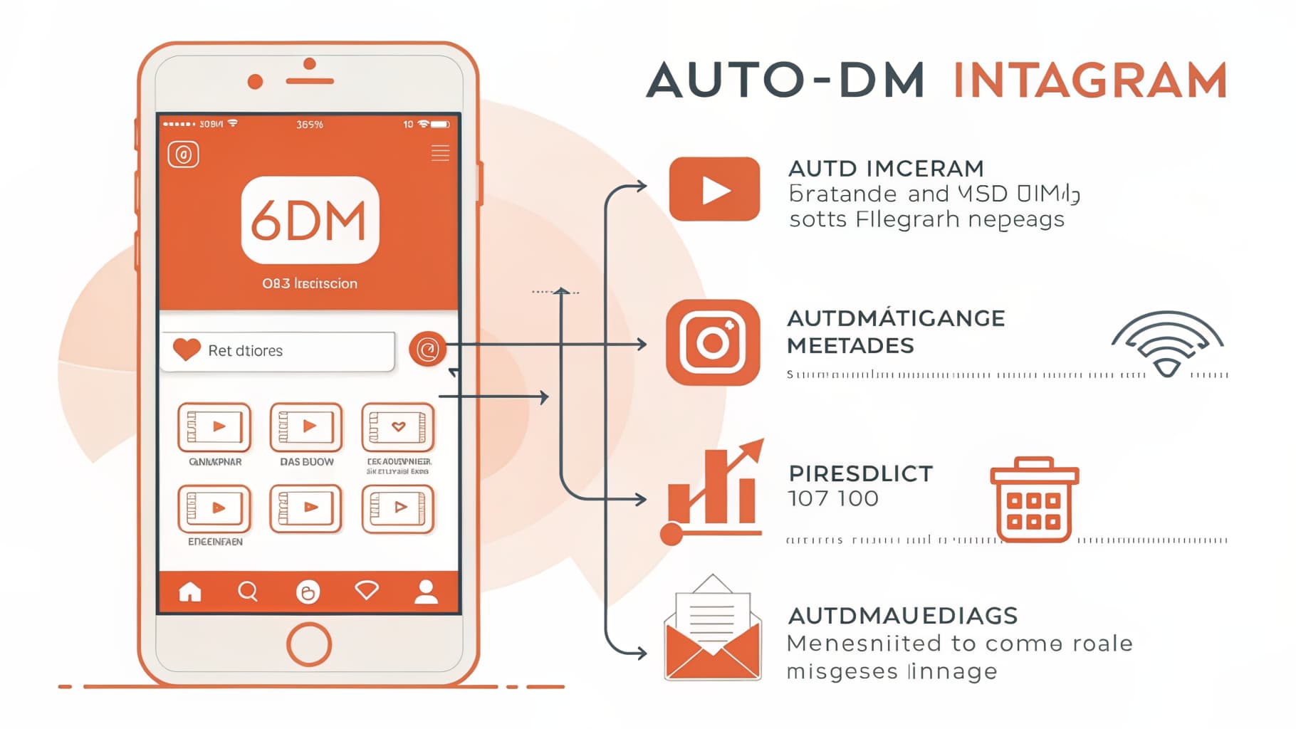 Interface smartphone Instagram avec messages automatiques et icônes d'automatisation