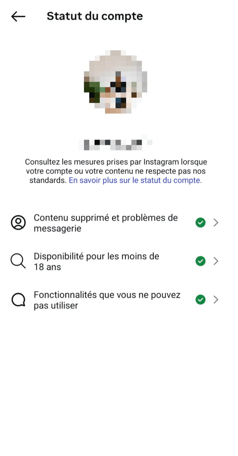 Écran Statut du compte Instagram montrant un compte sans restriction