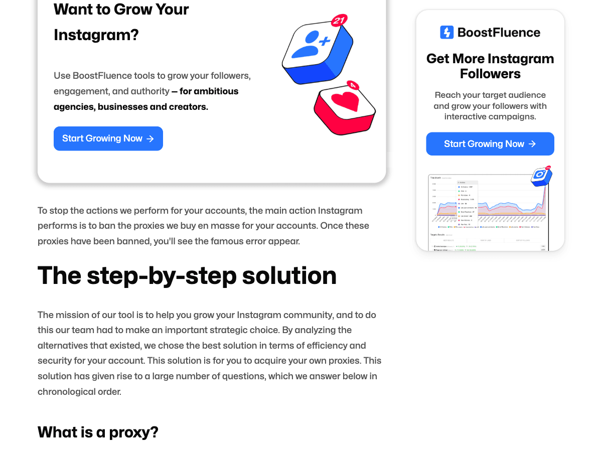 Blog officiel BoostFluence où la société admet qu'Instagram bannit en masse les proxys achetés pour les comptes de leurs clients